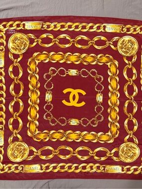 CHANEL Burgundy and Gold Chain Motif Silk Scarf